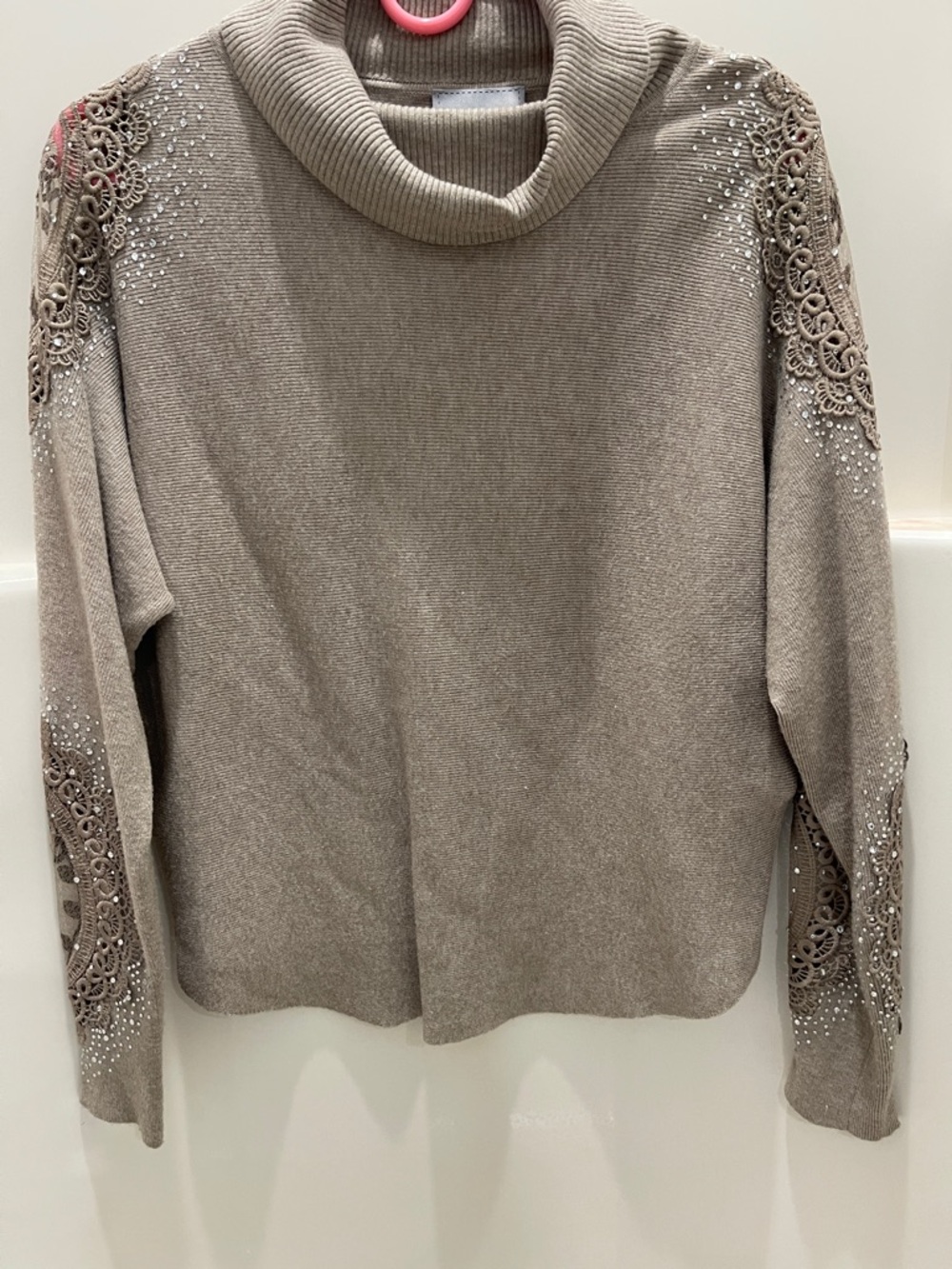 Turtle Neck Embellished Knit Sweater - Taupe
